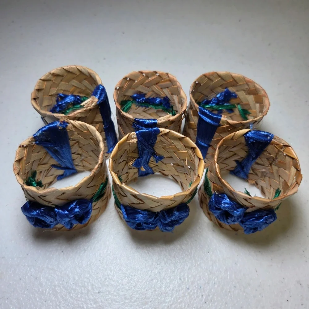 Vintage‎ Rattan Wicker Flower Napkin Rings Blue Hawaii Style Set of 6